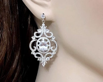 Statement Wedding Earrings, Chandelier Cz Bridal Earrings, Sterling Silver Posts, Victorian Bridal Jewelry, Glam Wedding Jewelry Gift ARYANA