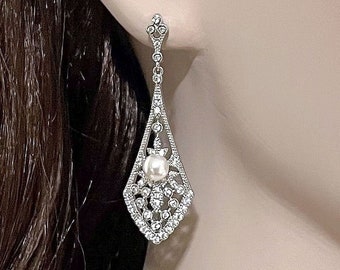 Art Deco Bridal Earrings, Gatsby Wedding 1920 Vintage Style Earrings, Swarovski Pearl Earrings, Geometric Cz Jewelry, Gifts for Her, ATELIA