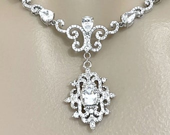 Victorian Wedding Necklace, Statement Bridal Necklace, Vintage Style Damask Fleur De Lis Wedding Jewelry, Cz Zirconia Bridal Jewelry, RAIA