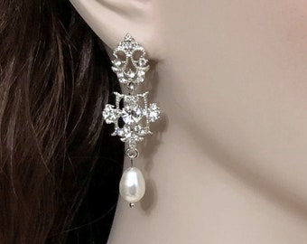 Bridgerton Bridal Earrings, Victorian Chandelier Crystal Pearl Drop Earrings, Bridgerton Vintage Style Wedding Jewelry Gifts, CLEO