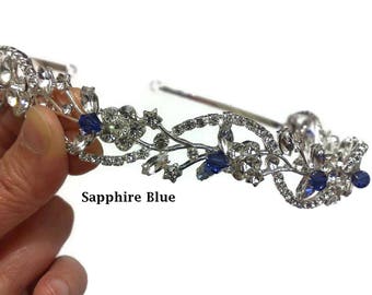 Something Blue Bridal Crown, Sapphire Blue Wedding Tiara, Crystal Tiara, Vines Tiara, Floral Wedding Crown, Bridal Halo, Gift for Her ADORNA