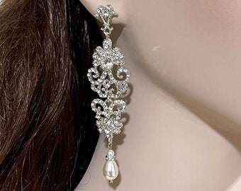 Pendientes de novia de damasco de cristal, colgantes largos de perlas, joyería nupcial victoriana llamativa, opción de perlas blancas marfil, OLIVIA