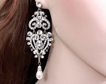 Statement Bridal Earrings, Boho Wedding Chandelier Earrings, Pearl Drop Earrings, Long Dangle Earrings, Victorian Wedding Jewelry, CHARLOTTE