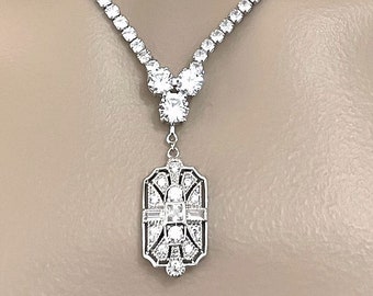 Statement Art Deco Bridal Necklace, Regency Wedding 1920s Gatsby Vintage Style Jewelry, Geometric Cz Silver or Gold Pendant, ELITE