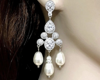 Pearl Bridal Earrings, Chandelier Wedding Earrings, Statement Cz Earrings, Art Deco Wedding Jewelry, Victorian Bridal Jewelry, VENUS