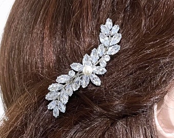 Cz Bridal Hair Clip, Silver Wedding Barrette, Cubic Zirconia Bridal Hair Jewelry, Pearl Wedding Headpiece, Cz Hairclip, Gift for Her DELILAH