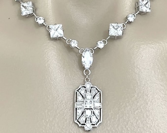 Art Deco Bridal Necklace, Gatsby Wedding 1920s Vintage Style Statement Necklace, Geometric Square Princess Cut Cz Zirconia Jewelry, ELITE