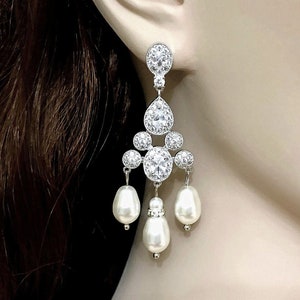 Chandelier Bridal Earrings, Cz Pearl Drop Dangles, Art Deco Wedding, Statement Jewelry, VENUS
