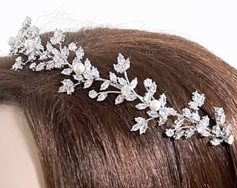 Vines Bridal Tiara, Cz Bridal Headband, Wedding Wreath, Floral Leaves Crown, Bridal Halo, Silver or Gold Headpiece, Wedding Hair Tiara, GAIA