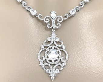 Victorian Wedding Necklace, Celebrity Glam Statement Cz Bridal Necklace, Old Hollywood Vintage Style Regency Jewelry, ARYANA