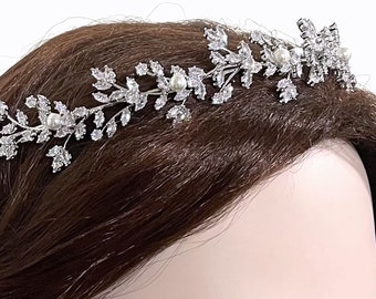 Vines Bridal Tiara, Cz Bridal Headband, Wedding Wreath, Floral Leaves Crown, Bridal Halo, Silver or Gold Headpiece, Wedding Hair Tiara, GAIA