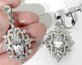 Victorian Bridal Clipon Earrings, Fleur De Lis Damask Filigree Cz Dangles, Art Nouveau Wedding Jewelry, RAIA