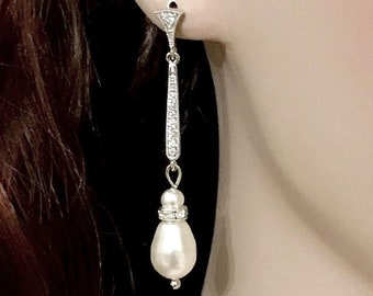 Pearl Drop Bridal Earrings, Art Deco Cz Dangle on Sterling Poses, 1920s Vintage Style Gatsby Wedding Gifts, PERLA