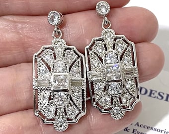 Art Deco Bridal Earrings, Gatsby Wedding 1920s Vintage Style Earrings, Geometric Cz Earrings, Sterling Silver Posts, Rose Gold Jewelry ELITE