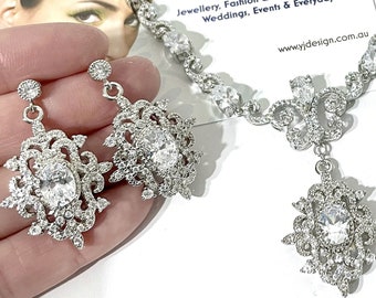 Bridgerton Regency Bridal Jewelry, Victorian Wedding Statement Necklace, Damask Fleur De Lis Bridal Earrings, Vintage Style Jewelry, RAIA