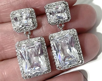 Rectangle Square Bridal Earrings, Princess Emerald Cut Wedding Earrings, Art Deco Wedding Jewelry, Pave Cz Zirconia Bridal Jewelry, QUADRA