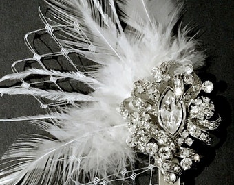 Feather Headpiece, Boho Wedding Headpiece, Crystal Bridal Hair Clip, Feather Fascinator, Crystal Wedding Hair Barrette, VICKY