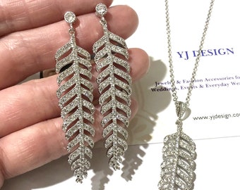 Silver FERN Bridal Jewelry, Leaf Cz Bridal Necklace, Long Dangle Bridal Earrings, Sterling Posts, Art Nouveau Boho Wedding Jewelry Gift