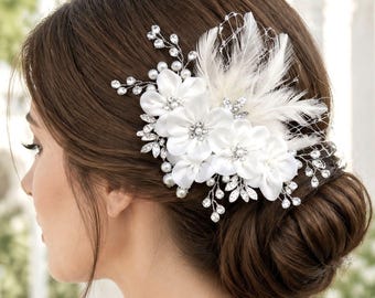 Flower Bridal Hair Comb, Feather Fascinator, Ivory Chiffon Pearl Crystal Leaves Veil Wedding Headpiece, MELIANA