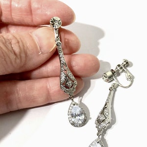 Art Deco Cz Bridal Earrings Clip On, 1920s Vintage Style Gatsby Earrings Flapper Wedding Jewelry, Downton Abbey Pearl Clipon Earrings, ARTDE