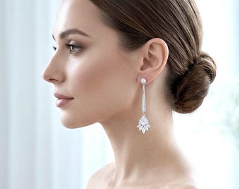 Pendientes de novia Art Déco, colgantes lineales con pavé de circonitas cúbicas, boda estilo Gatsby de los años 20, TASHA
