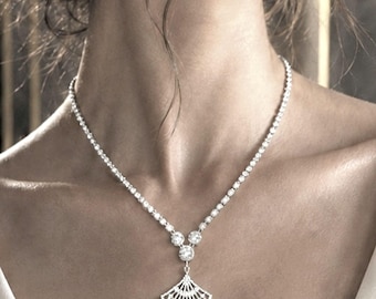 Art Deco Bridal Necklace, Geometric Fan Shape Jewelry, Gatsby Wedding 1920s Vintage Style, FANNY