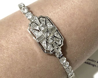 Art Deco Bridal Bracelet, Gatsby Wedding Bracelet, Vintage Style Boho Wedding Geometric Cubic Zirconia Cz Bracelet, Gift for Her, ELITE