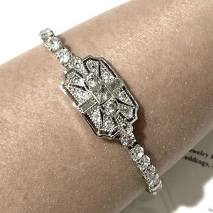 Art Deco Bridal Bracelet, Gatsby Boho Wedding Vintage Style Jewelry Silver Geometric Cubic Zirconia Cz Bride Gift Party for Her, ELITE