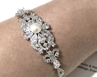 Bridgerton Bridal Bracelet, Victorian Wedding Bracelet, Flower Pearl Cz Bracelet, Fleur De Lis Vintage Style Regency Jewelry Gift, EDWINA