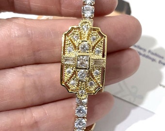 Art Deco Bridal Bracelet, Gatsby 1920s Vintage Style Wedding Jewelry, Flapper Boho Geometric Rectangle Cz Yellow Gold Party Gift, ELITE