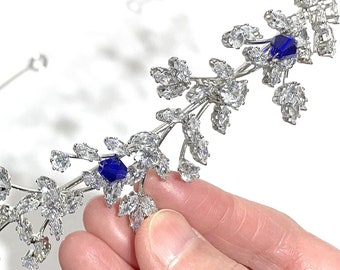 Something Blue Sapphire Cz Bridal Tiara, Floral Vines Leaves Hair Crown, Grecian Wedding Headpiece, Silver Flower Headband, GAIA