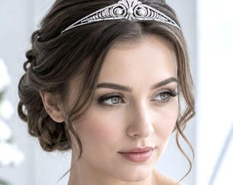 Gatsby Wedding Art Deco Bridal Tiara, Vintage Style Royal Crown, Fleur De Lis Headpiece, Pearl Cz Hair Accessory, FLEURA