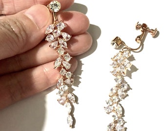 Clip On Bridal Earrings, Vines Leaves Wedding Earrings, Linear Chandelier Earrings, Cz Cluster Dangle Bridal Jewelry, BOTANISTA