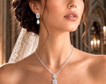 Regency Bridal Jewelry Set, Vintage Style Victorian Wedding Necklace, Pearl Drop Cz Earrings, AVA