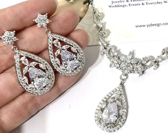 Victorian Bridal Jewelry Set, Bridgerton Statement Necklace, Regency Earrings, Vintage Style Cz Wedding Accessories, EDWINA