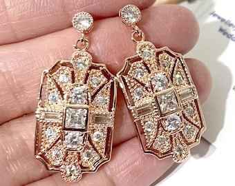 Gatsby Bridal Earrings, 1920s Vintage Style Wedding, Art Deco Cz Dangle Geometric Earrings, Edwardian Rose Gold Jewelry Gifts, ELITE