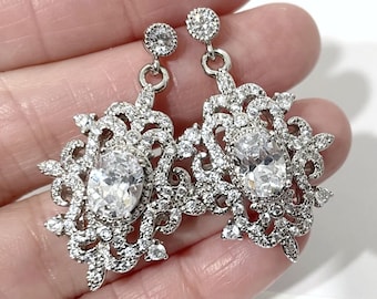 Fleur De Lis Bridal Earrings, Victorian Vintage Style Wedding, Damask Cz Dangle Silver Jewelry Gifts, RAIA