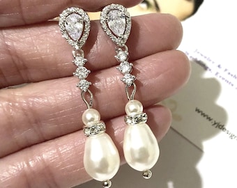 Pearl Bridal Earrings, Pear Drop Wedding Earrings, Cubic Zirconia Wedding Jewelry, Cz Bridal Jewelry, White Gold Silver Gift for Her, KAIA