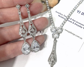 Glam Wedding Bridal Jewelry, Art Deco Bridal Earrings, Gatsby Wedding Necklace, 1920s Vintage Style Dangle Earrings, Cz Necklace, ARTDE