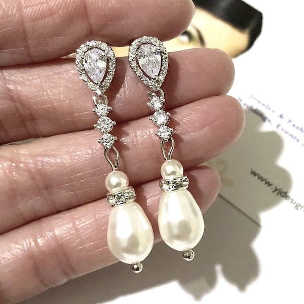 Pearl Bridal Earrings, Pear Drop Wedding Earrings, Cubic Zirconia Wedding Jewelry, Cz Bridal Jewelry, White Gold Silver Gift for Her, KAIA