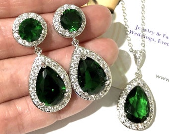 Emerald Green Bridal Jewelry, Teardrop Cz Wedding Earrings, Pear Drop Bridal Necklace, Party Jewelry, Bridesmaids Gifts for Her, SANSANI