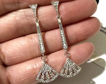 Art Deco Fan Bridal Earrings, 1920s Vintage Style Boho Wedding Linear Earrings, Seashell Shape Geometric Cz Wedding Jewelry Gift, FANLIKE