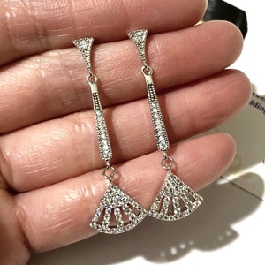 Art Deco Fan Bridal Earrings, 1920s Vintage Style Boho Wedding Linear Earrings, Seashell Shape Geometric Cz Wedding Jewelry Gift, FANLIKE image 1