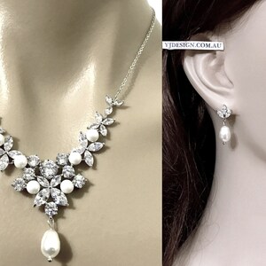 Flower Bridal Jewelry Set, Leaves Bridal Earrings, Vines Bridal Necklace, Floral Leaves Cz  Pearl Drop Art Nouveau Wedding Jewelry PRESTIGIA