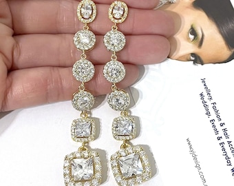 Gold Art Deco Bridal Earrings on Sterling Posts, Gatsby Wedding Oval Round Square Cz Shoulder Long Geometric Jewelry Gifts, DIAMANT
