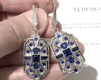 Something Blue Art Deco Bridal Earrings, Gatsby Wedding Earrings, 1920s Vintage Style Wedding, Cubic Zirconia Cz Geometric Jewelry, ELITE