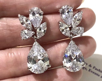 Leaves Bridal Earrings, Woodland Wedding Earrings, Cz Drop Earrings, Leaf Dangle Earrings, Cubic Zirconia Bridal Jewelry Gift, BOTANISTA