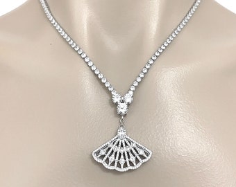 Geometric Art Deco Bridal Necklace, Gatsby Wedding Necklace, 1920s Vintage Style Statement Necklace, Fan Shape Wedding Jewelry, FANNY