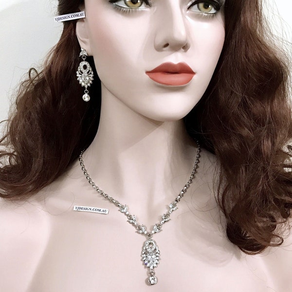 Art Deco Bridal Jewelry, Gatsby 1920s Vintage Style Crystal Chandelier Earrings, Statement Necklace, Downton Abbey Wedding Jewelry, EMPIRE