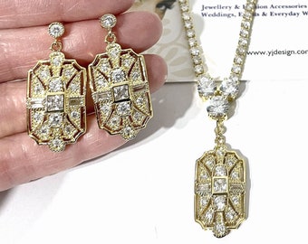 Art Deco Bridal Jewelry, 1920s Vintage Style Glam Wedding Necklace, Geometric Dangle Bridal Earrings, Gatsby Wedding Cz Jewelry, ELITE